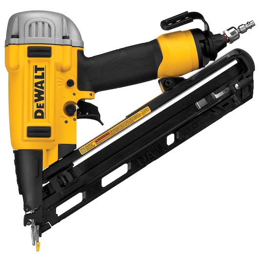 A DEWALT pneumatic angled finish nailer tool, yellow and black, designed for professional carpentry and construction work.
