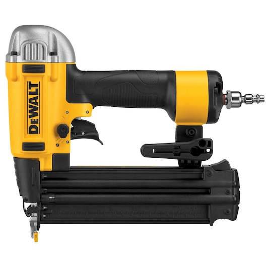 A yellow and black DEWALT pneumatic nail gun with a metal tip and ergonomic handle, shown in a side profile on a white background.