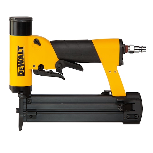 DEWALT yellow and black pneumatic nail gun shown from the side on a white background.