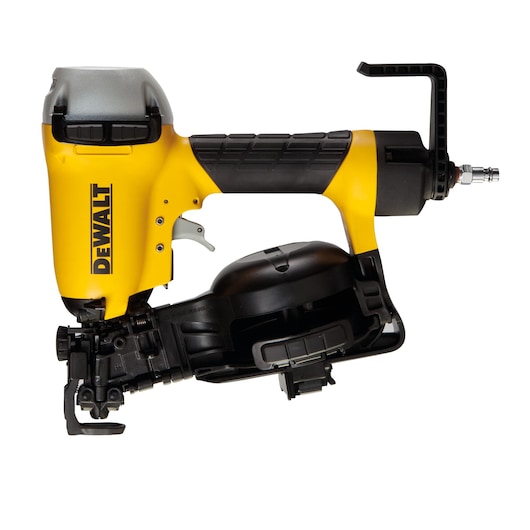 A DEWALT branded pneumatic nail gun with a yellow and black body, shown in a side profile against a white background.