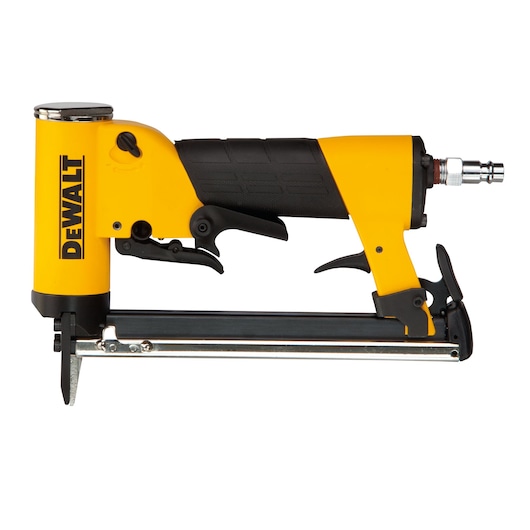 Yellow DEWALT pneumatic nail gun with black grip, side view, model DPS8016, used for fastening in woodworking.