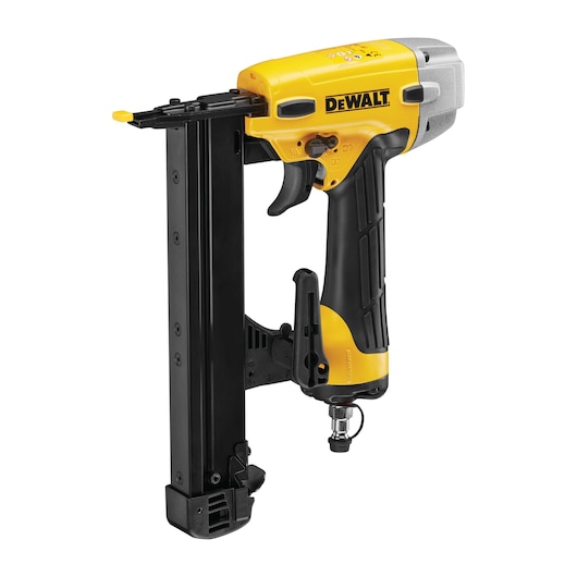 Yellow and black DEWALT nail gun with ergonomic grip and metal magazine, shown from the side.