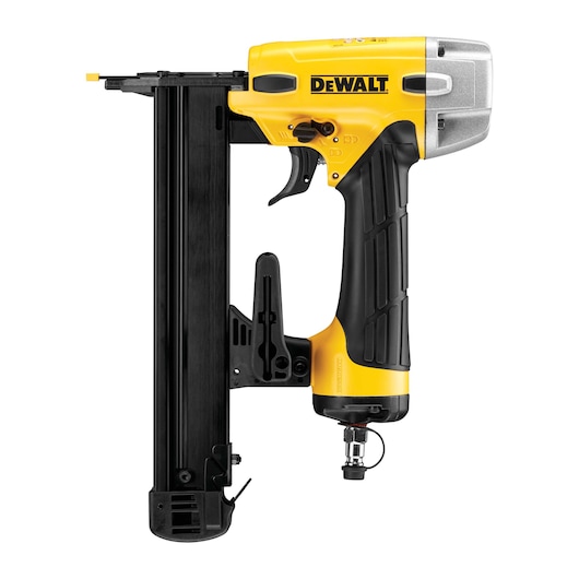 DEWALT yellow and black nail gun DPSSL540, side view, with ergonomic grip and magazine for nails.