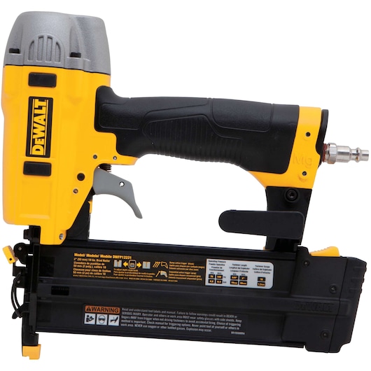 A DEWALT branded yellow and black pneumatic nail gun, model DPSSX38, shown from the side with visible trigger, handle, and safety warnings.