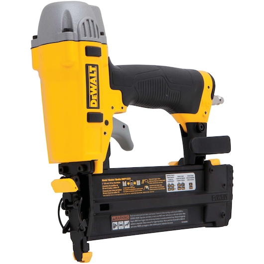 DEWALT nail gun, black/yellow. SKUs DPSSX38, DPSSX38-XJ. Photography category. Side view, product focused.