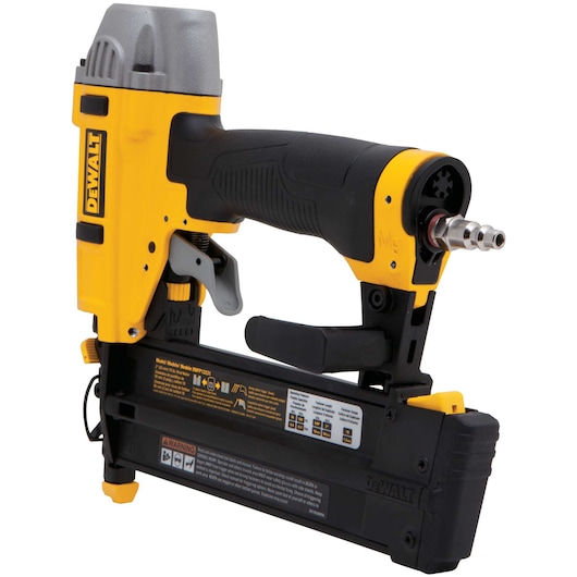 A DEWALT pneumatic nail gun with a yellow and black design, featuring a comfortable grip and a metal air hose connector at the rear.