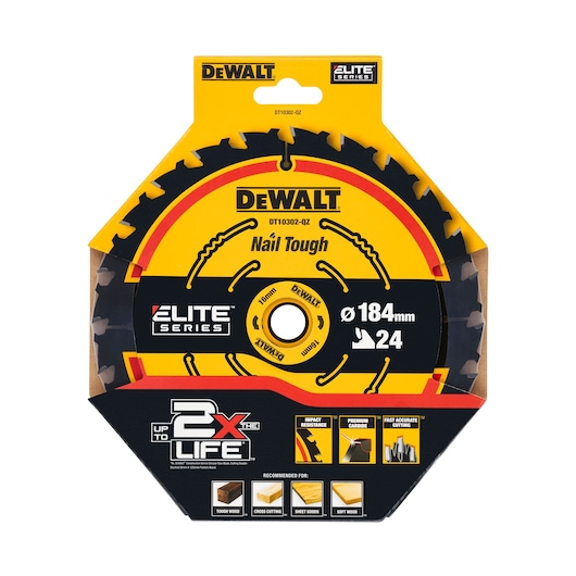 Front view of a DEWALT Elite Series circular saw blade in its packaging, model DT10302-QZ, featuring 184 mm diameter and 24 teeth. Packaging highlights 'Nail Tough' feature, up to 2x longer life, impact resistance, premium carbide, and accurate cutting. Recommended for tough wood, cross cutting, sheet goods, and soft wood.