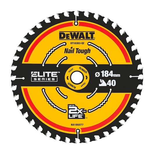 DEWALT DT10303 circular saw blade, Elite Series, Nail Tough, 184mm diameter, 40 teeth, yellow and black.