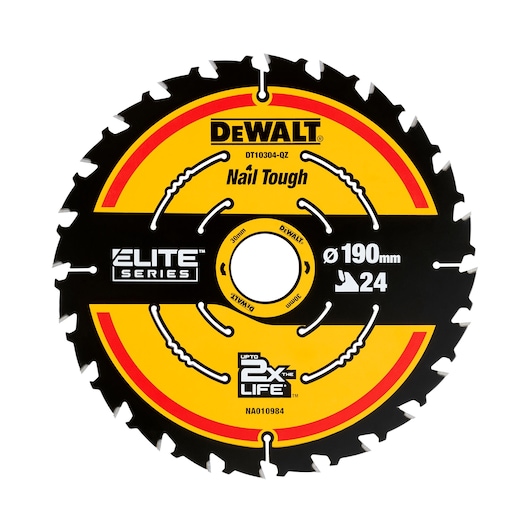 DEWALT Elite Series circular saw blade, model DT10304, 190mm diameter with 24 teeth, featuring 'Nail Tough' technology and up to 2x the life. The blade is yellow and black, with product specifications displayed on the surface.