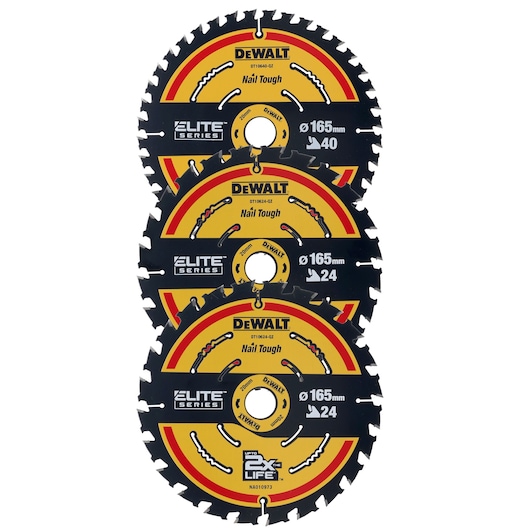 DEWALT circular saw blades for photography, EMEAANZ, SKUs DT10397, DT10397-QZ, three blades stacked vertically.