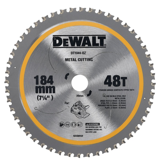 DEWALT DT1044 metal cutting circular saw blade with titanium carbide composite-tipped teeth, 184 mm diameter and 48 teeth, suitable for use with circ saws and for cutting mild steel.