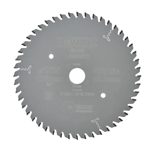 A DEWALT circular saw blade for wood and laminate, model DT1086. The blade has 48 teeth and is 165 mm in diameter with a 20 mm arbor hole. The surface is silver and engraved with technical specifications.