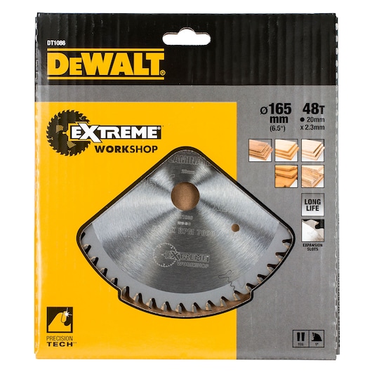Front view of DEWALT DT1086 Extreme Workshop circular saw blade in original packaging. The blade is visible through a clear section of the box, which features product specifications, suggested materials, and branding in yellow, black, and gray colors.