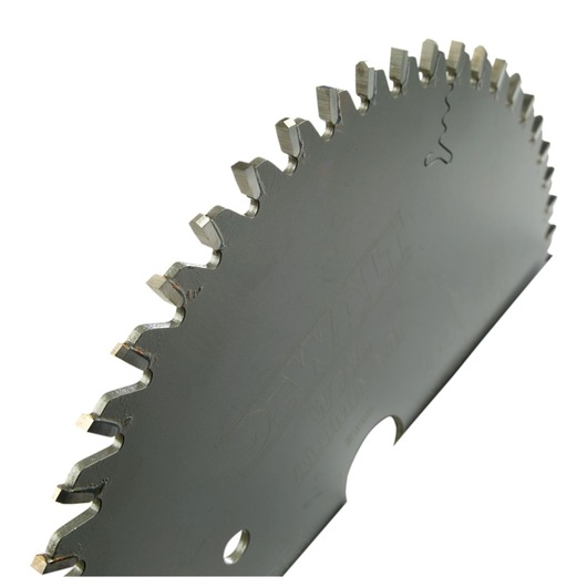 Close-up of a DEWALT DT1088 circular saw blade with sharp teeth, shown against a white background.
