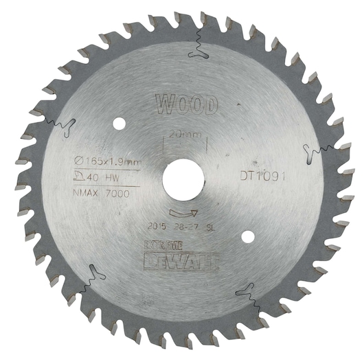 A circular saw blade for wood cutting, branded DEWALT, model DT1091. The blade is silver with sharp teeth around the edge and etched technical details, including diameter, thickness, and maximum speed.