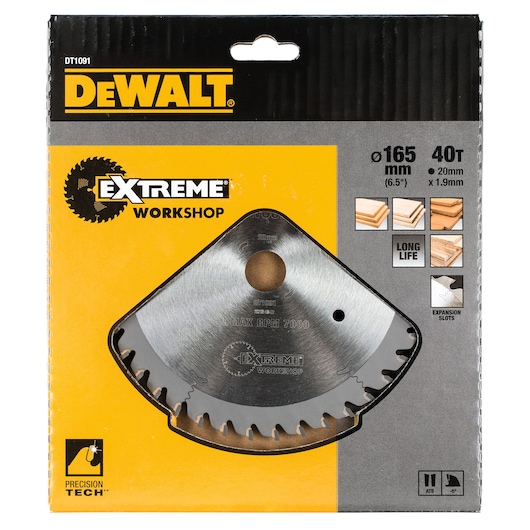 DEWALT DT1091 Extreme Workshop circular saw blade packaged in branded yellow and black box, showing blade specifications including 165 mm diameter, 40 teeth, and suitability for cutting wood materials.