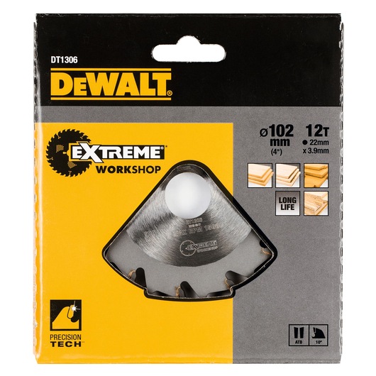 DEWALT DT1306 Extreme Workshop saw blade in retail packaging, shown with branding, specifications (102 mm diameter, 12 teeth, 22 mm hole, 3.9 mm thickness), woodworking icons, and Precision Tech label.