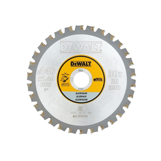 A DEWALT DT1910 circular saw blade for cutting aluminum, with 30 teeth and a diameter of 140 mm. The blade has a central hole for mounting, a metallic finish, and product information is printed in black and yellow on the center.