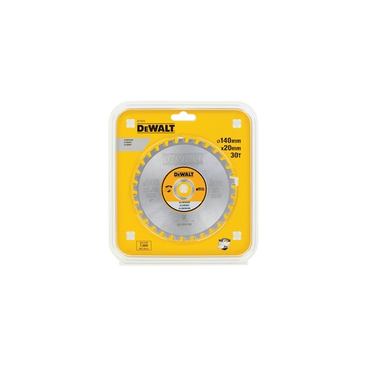 Packaged DEWALT DT1910 circular saw blade, 140mm diameter with 30 teeth and 20mm bore, designed for cutting aluminum, shown in yellow and transparent plastic packaging.