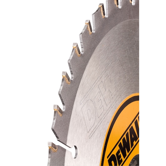 DEWALT saw blade close-up, product DT1911, DT1911-QZ, brushed steel teeth and logo visible.