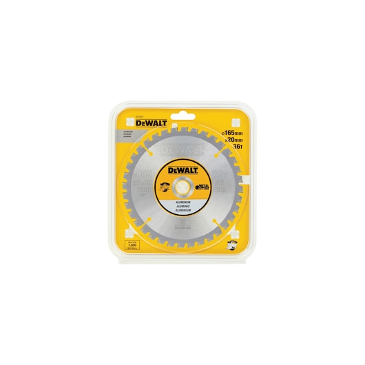 DEWALT saw blade in packaging, 165mm, for aluminum. SKUs: DT1911, DT1911-QZ. Photography category.