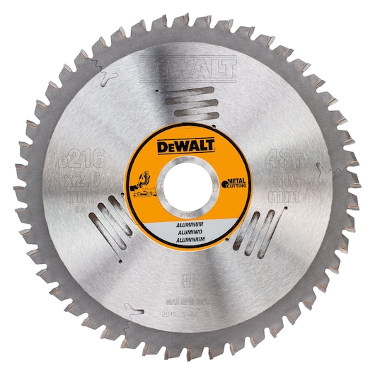 A DEWALT DT1914 metal cutting circular saw blade with 48 teeth and a diameter of 216 mm, designed for cutting aluminum. The blade features product details engraved on the metal and a yellow and black central label.