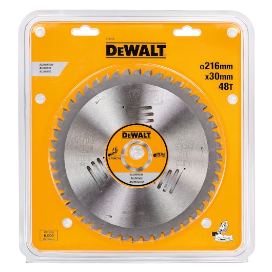 DEWALT DT1914 aluminum cutting saw blade, 216mm diameter, 30mm bore, 48 teeth, in yellow retail packaging.