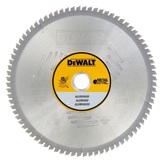 DEWALT DT1916 circular saw blade for aluminum and metal cutting, diameter 305 mm, 80 teeth, 30 mm arbor hole, silver blade with yellow and black center label.