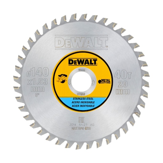 DEWALT DT1918 metal cutting circular saw blade for stainless steel, 140mm diameter with 40 teeth and 20mm bore. Blade has a silver body and yellow center label with specifications.