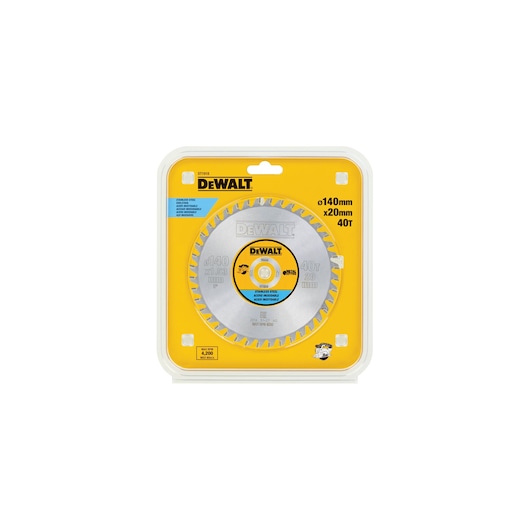 Packaged DEWALT circular saw blade, SKU DT1918, 140mm diameter, 20mm bore, 40 teeth, displayed in a yellow and clear box.