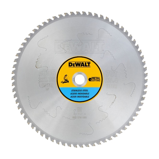 DEWALT DT1921 metal cutting saw blade for stainless steel, circular shape with serrated edges.