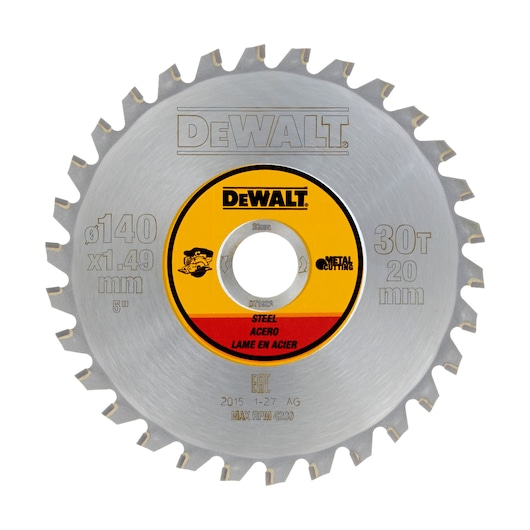 DEWALT circular saw blade, model DT1923, with 30 teeth, 140 mm diameter, and 20 mm arbor hole, designed for cutting steel. The blade has a silver color with a yellow and red center label displaying specifications.