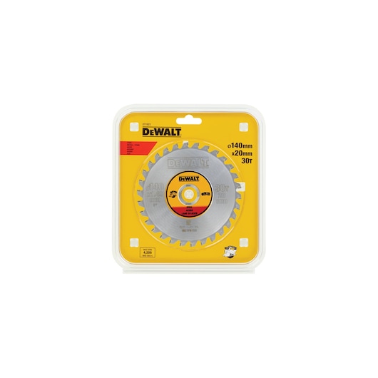 DEWALT DT1923 circular saw blade in its packaging. The blade is silver with a yellow and black center, has 30 teeth, and the package displays specifications: 140mm diameter, 20mm bore.