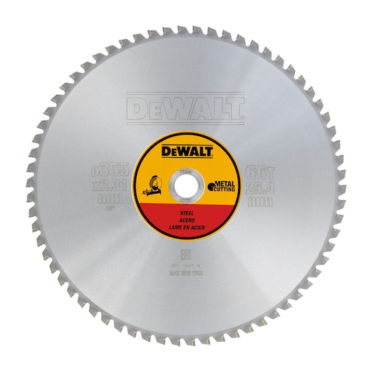DEWALT DT1926 steel cutting circular saw blade with 66 teeth, 355mm diameter, shown from front.