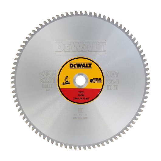 Circular saw blade for steel cutting by DEWALT, with 90 teeth, 355 mm diameter, and a central label indicating specifications.