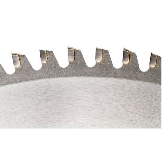 Close-up view of the teeth on a circular saw blade, showing the metal construction and sharp edges.