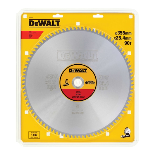 DEWALT DT1927 steel cutting circular saw blade, 355mm diameter, 25.4mm arbor, 90 teeth, in yellow and clear packaging with product details printed on it.