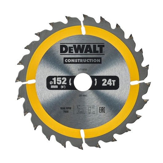 A DEWALT DT1930 construction circular saw blade with 152 mm diameter, 24 teeth, and yellow edge. The blade features specifications, including maximum RPM of 7000.