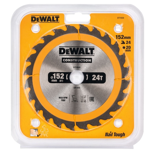 DEWALT DT1930 circular saw blade in retail packaging. The blade is 152mm in diameter, has 24 teeth, and is suitable for construction use. The packaging is yellow and clear plastic with product specifications visible.