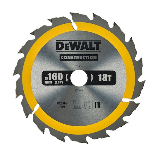 DEWALT DT1931 circular saw blade for construction, 160 mm diameter (6.25 inches), 18 teeth, silver with yellow rim, labeled with technical specifications.