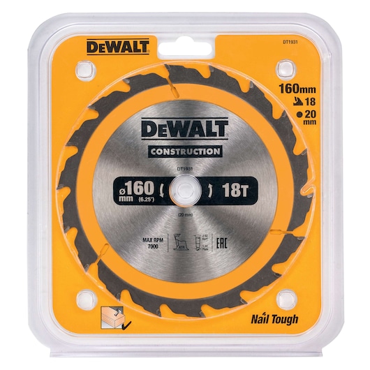 DEWALT construction circular saw blade, model DT1931, packaged in a clear plastic case. The blade is 160 mm diameter, has 18 teeth, and a 20 mm bore. Designed for woodworking and nail-tough applications.