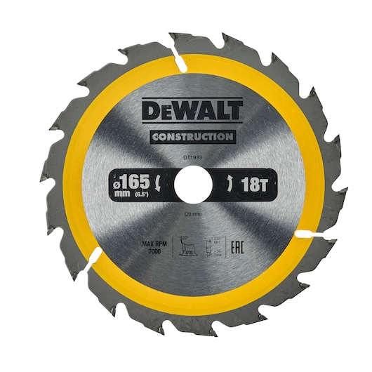 A DEWALT DT1933 construction circular saw blade with a diameter of 165 mm (6.5 inches) and 18 teeth. The blade features a yellow rim and is labeled with specifications, including max RPM 7000 and 20 mm bore.
