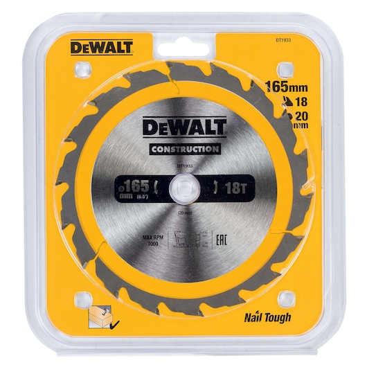 DEWALT DT1933 circular saw blade for construction, shown in original packaging. The blade has 165 mm diameter, 18 teeth, and is labeled 'Nail Tough.' Packaging is yellow with DEWALT branding.