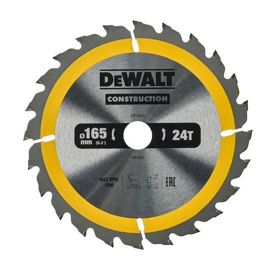 A DEWALT construction circular saw blade with 24 teeth, 165 mm diameter, and a yellow ring around the edge. The model number DT1934 is visible along with technical specifications on the front.