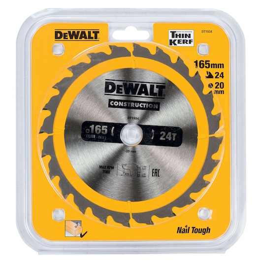 DEWALT DT1934 circular saw blade in retail packaging. The blade is 165 mm in diameter with 24 teeth, has a 20 mm bore, and is labeled for construction use. The packaging is mainly yellow and clear, and displays product branding and specifications.