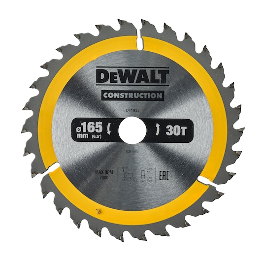 DEWALT DT1935 construction circular saw blade with 165 mm diameter, 30 teeth, silver and yellow coloration, center hole, and product specifications printed on the surface.