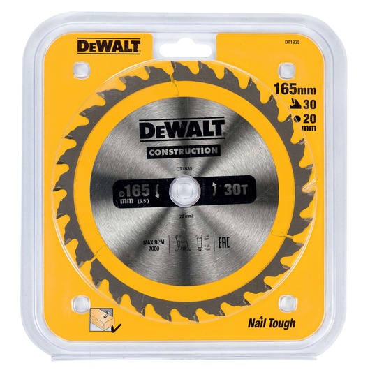 DEWALT DT1935 circular saw blade for construction, 165mm diameter with 30 teeth, shown in original packaging with yellow and silver color scheme.