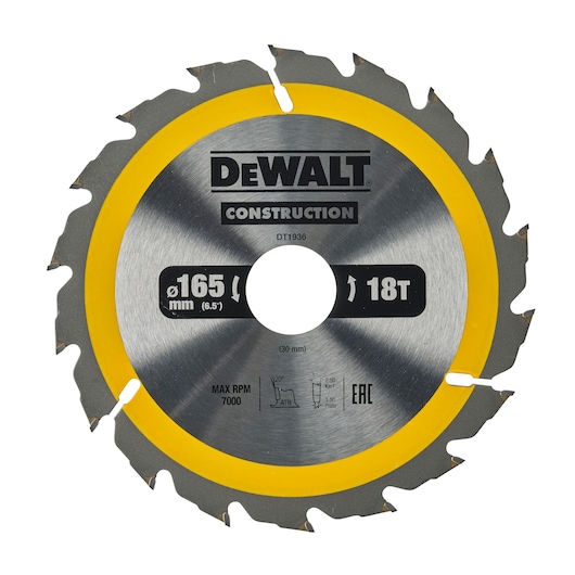 Circular saw blade for construction, branded DEWALT, model DT1936, with a diameter of 165 mm and 18 teeth. The blade is silver with a yellow rim and has product information printed on the surface.