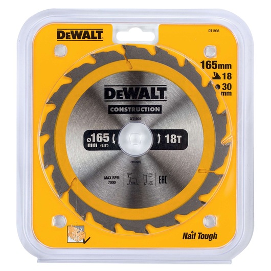 DEWALT DT1936 construction circular saw blade in retail packaging. The blade is 165mm in diameter with 18 teeth and a 30mm bore. The packaging is yellow with black and silver detailing and includes specifications like maximum RPM and features Nail Tough label.