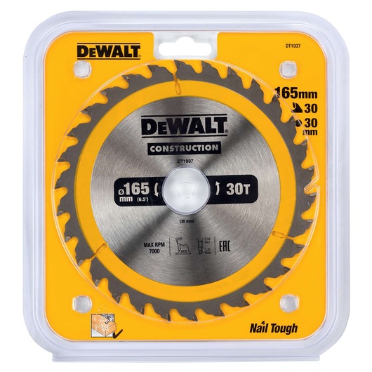 DEWALT DT1937 165mm circular saw blade for construction, shown in yellow and silver packaging.